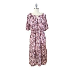 BeachLunchLounge Rayon Floral Peasant Midi Dress Boho Tassel Tiered M Pink Red